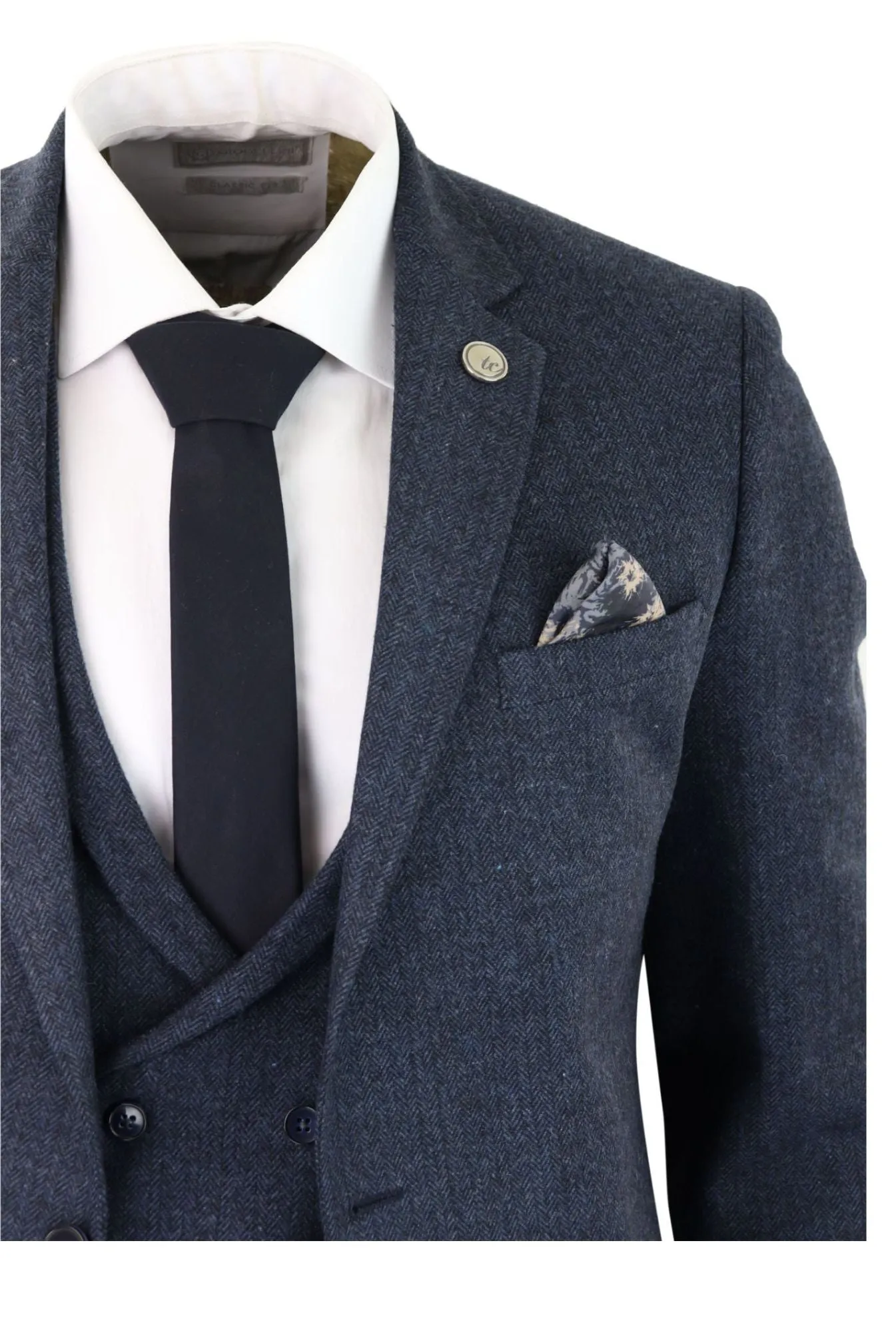 3 Piece Tweed Suit Blue Herringbone