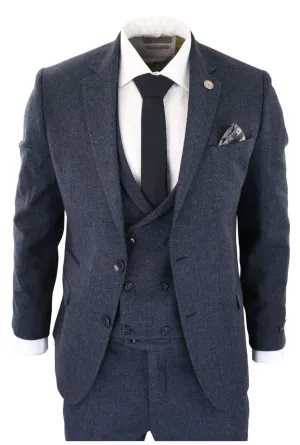 3 Piece Tweed Suit Blue Herringbone