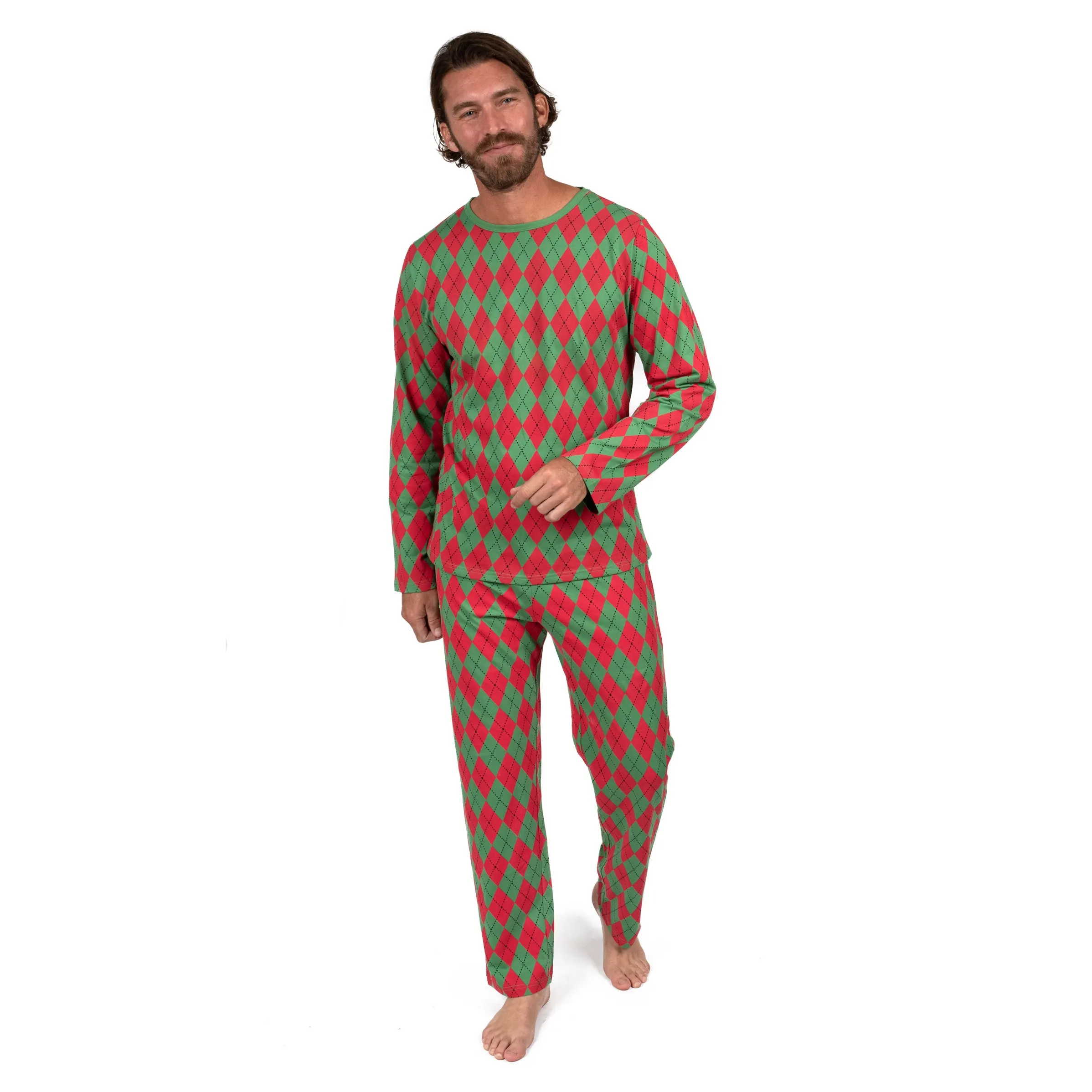 Christmas Mens Two Piece Cotton Loose Fit Pajamas Argyle