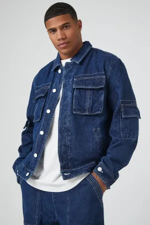 Forever 21 Men's Denim Cargo Trucker Trucker Jacket Dark Denim Forever 21