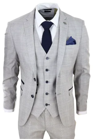 Hugo Grey 3 Piece Suit Navy Check Velvet