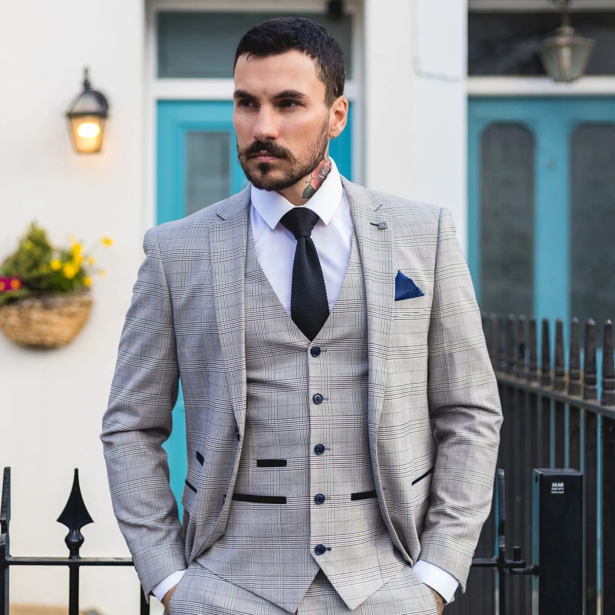 Hugo Grey 3 Piece Suit Navy Check Velvet
