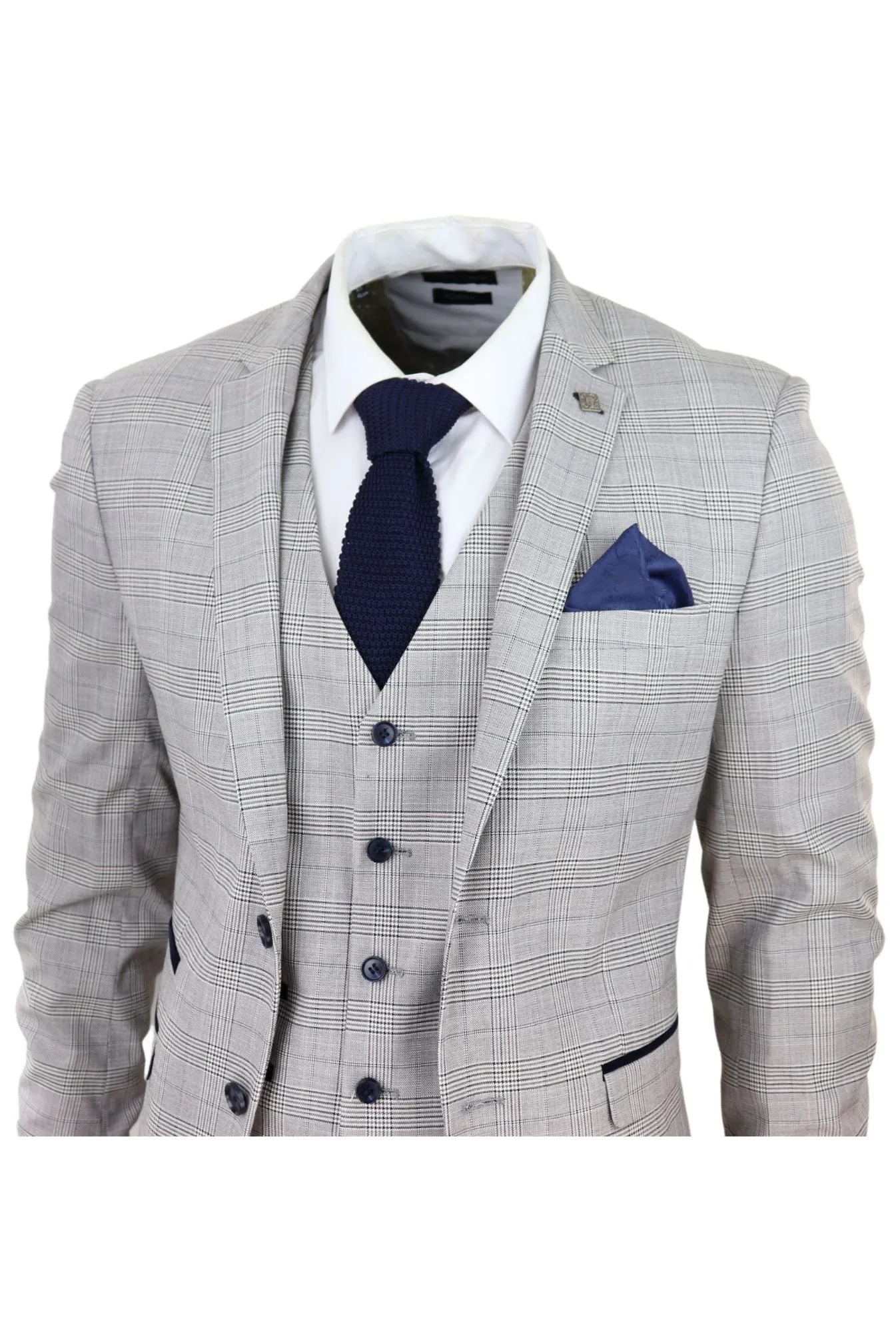 Hugo Grey 3 Piece Suit Navy Check Velvet
