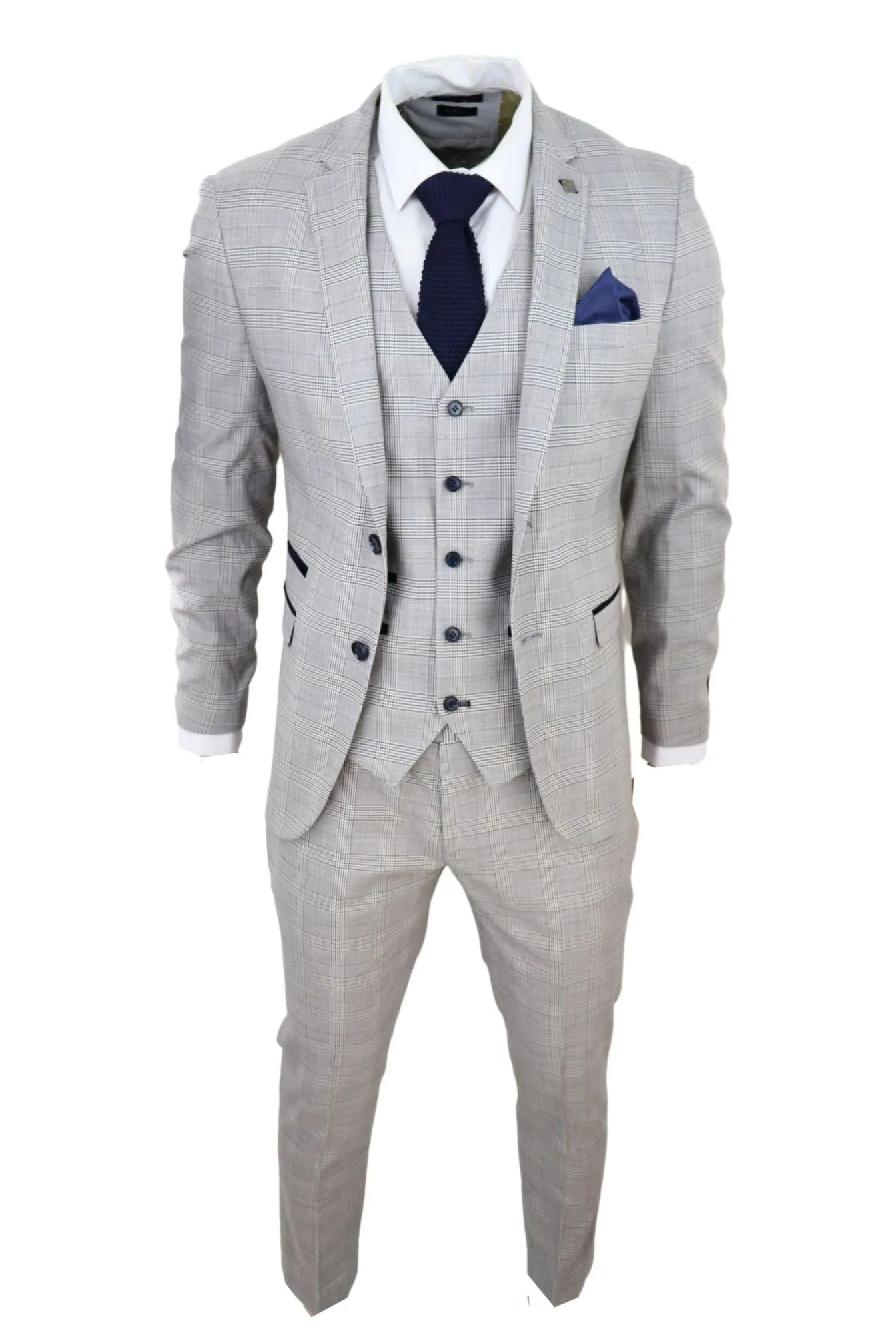 Hugo Grey 3 Piece Suit Navy Check Velvet