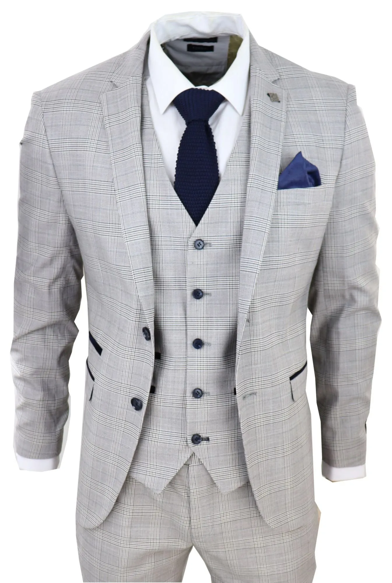 Hugo Grey 3 Piece Suit Navy Check Velvet