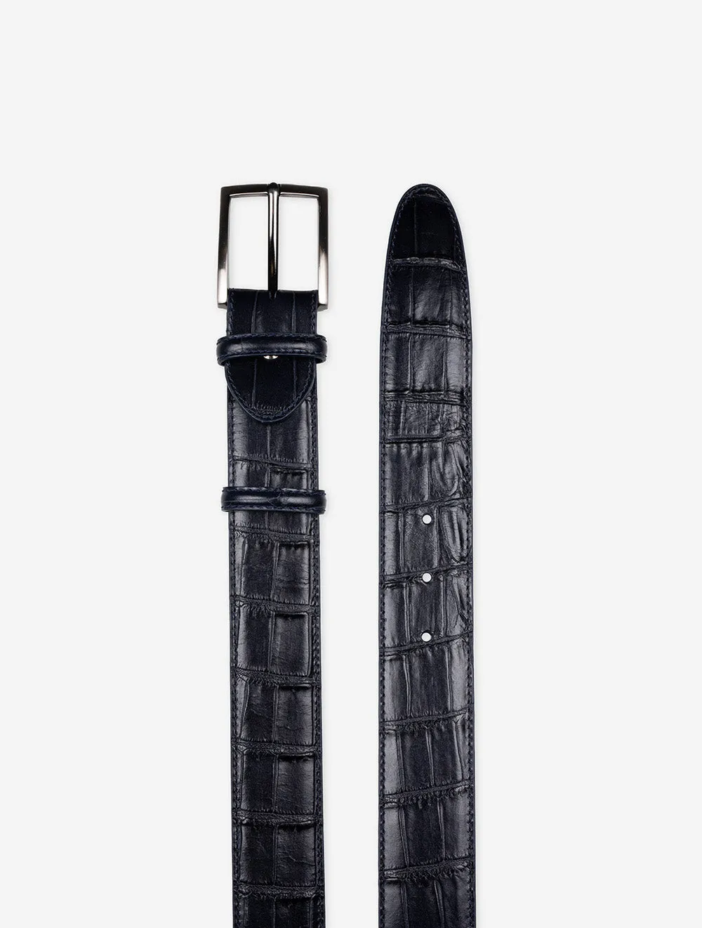Leather Crocodile Print Belt Navy
