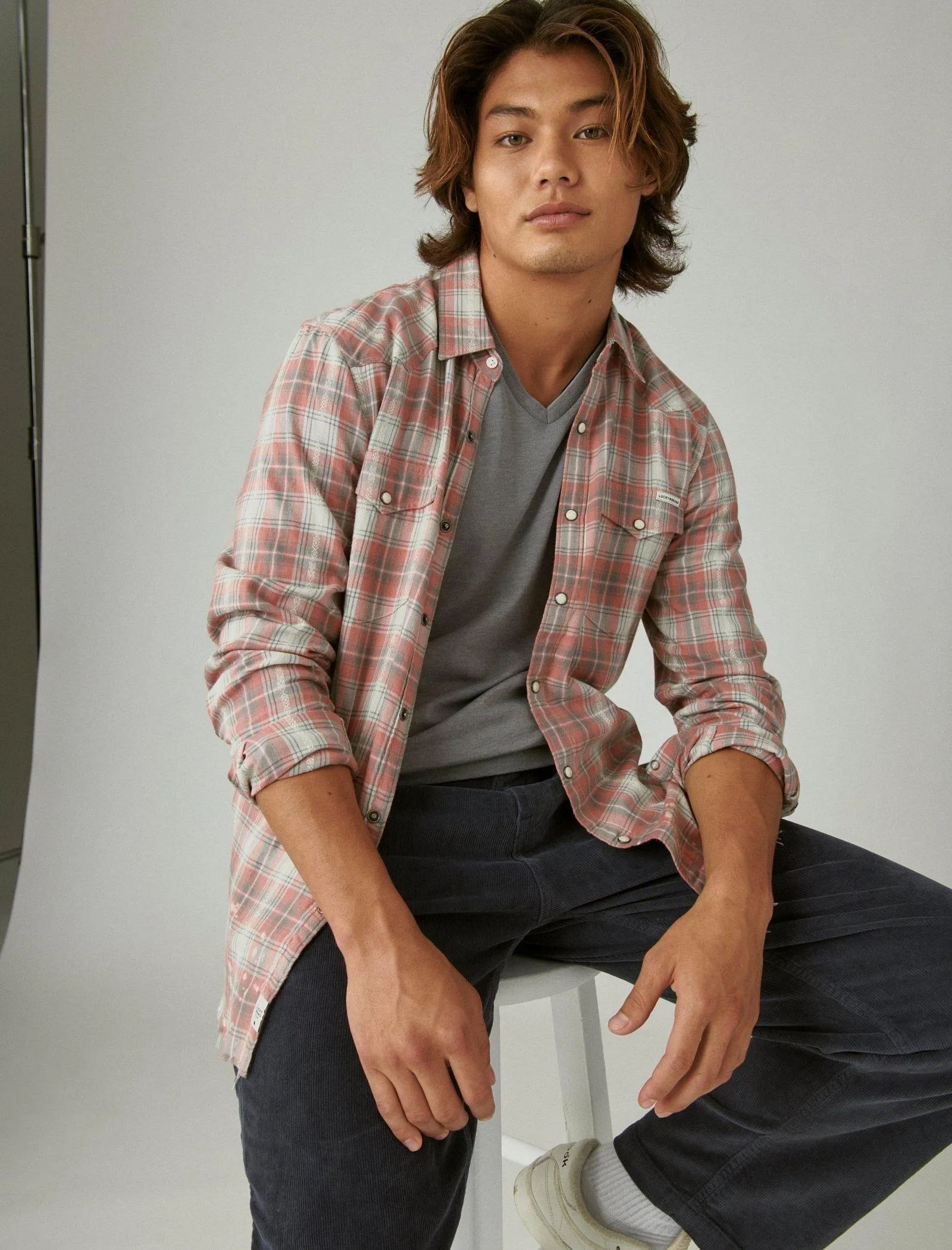 Lucky Brand Acid Wash Frayed Hem Utility Long Sleeve Shirt Natural/Dusty Pink Lucky Brand