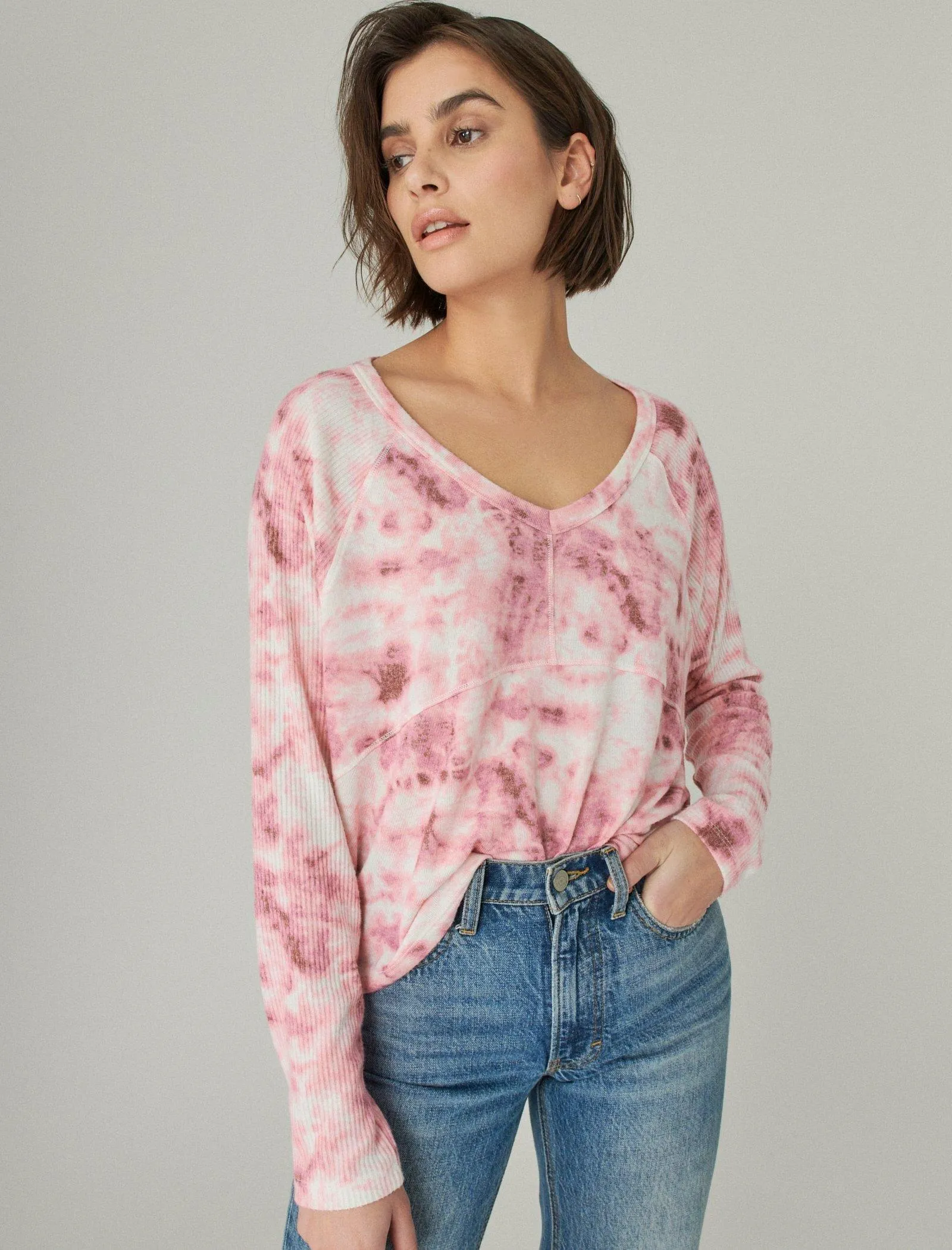 Lucky Brand Cropped Boxy Cloud Jersey Crew Pink Multi Print Lucky Brand