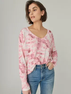 Lucky Brand Cropped Boxy Cloud Jersey Crew Pink Multi Print Lucky Brand
