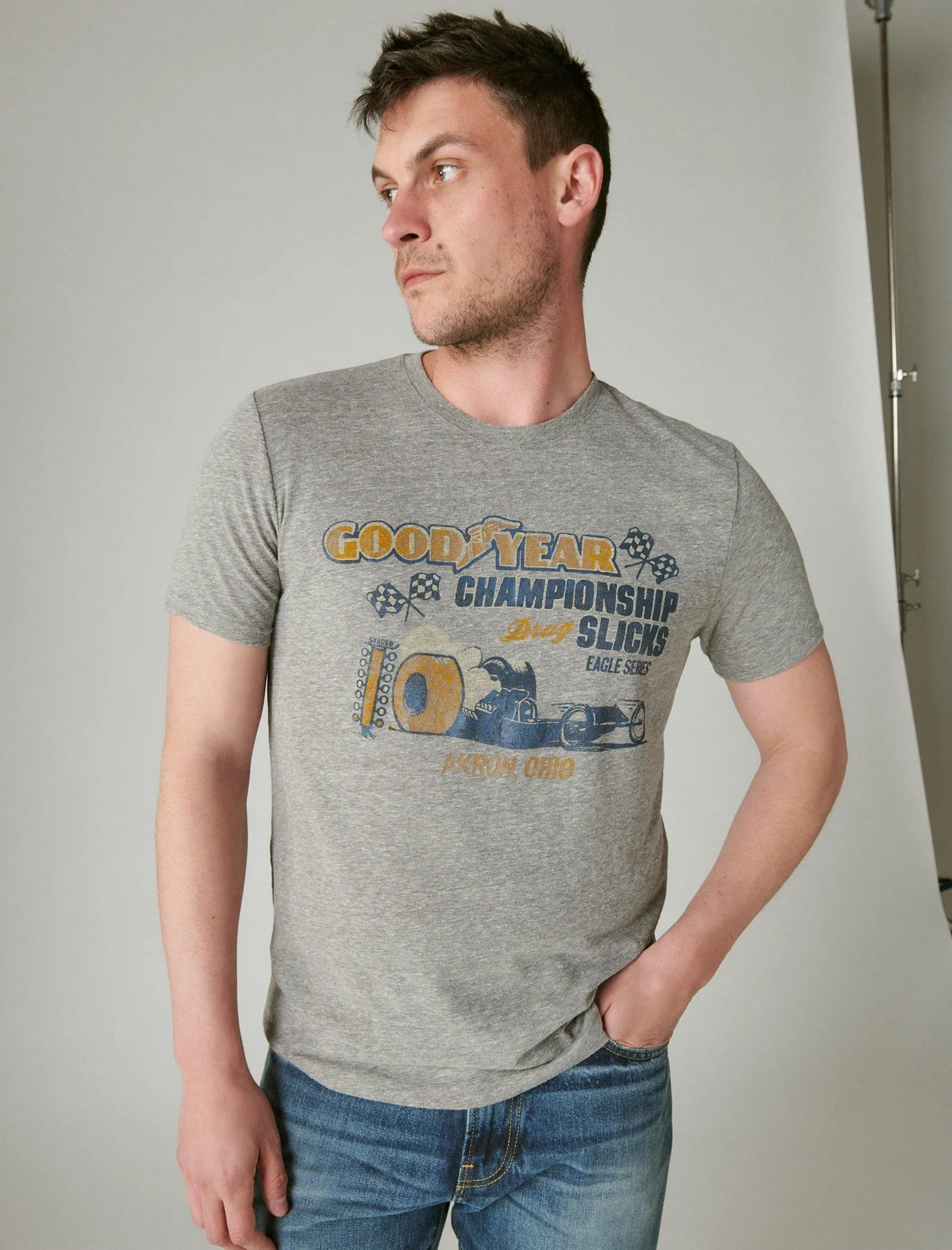 Lucky Brand Goodyear Drag Race Tee Heather Grey Lucky Brand