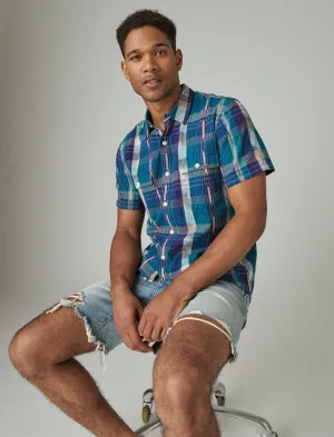 Lucky Brand Ikat Plaid Utility Short Sleeve Shirt Green Blue Ikat Lucky Brand