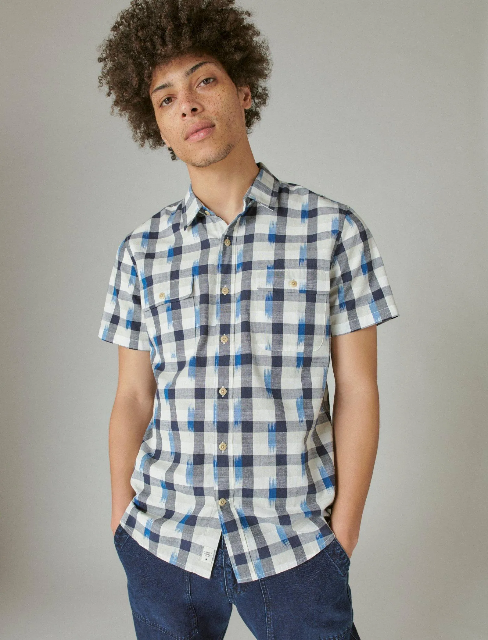 Lucky Brand Ikat Plaid Utility Short Sleeve Shirt White Ikat Plaid Lucky Brand