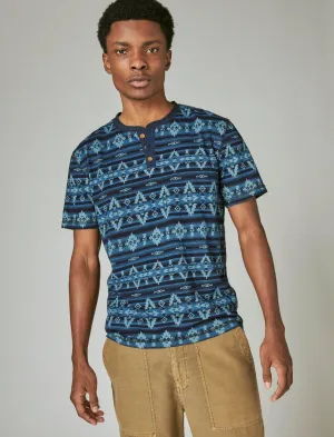 Lucky Brand Indigo Jersey Azetc Print Short Sleeve Henley # 419 Indigo Lucky Brand