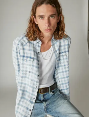Lucky Brand Indigo Linen Plaid Western Long Sleeve Shirt Indigo Plaid Lucky Brand