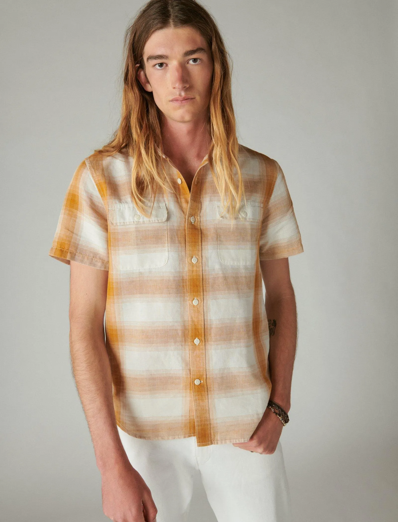 Lucky Brand Linen Plaid Short Sleeve Utility Shirt Gold Plaid Lucky Brand