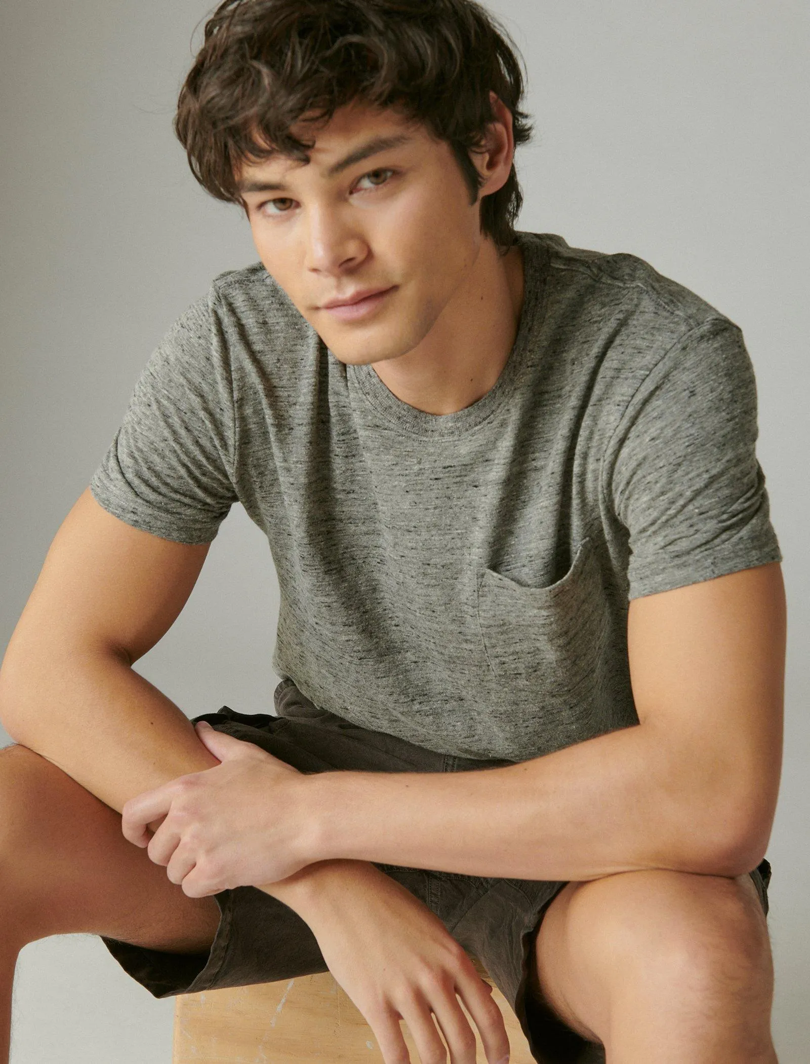 Lucky Brand Linen Short Sleeve Pocket Crew Neck Tee Heather Grey Lucky Brand