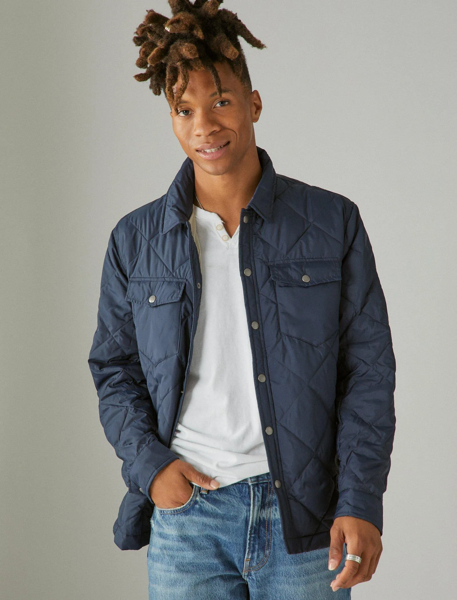 Lucky Brand Nylon Quilted Puffer Shirt Jacket Navy Lucky Brand