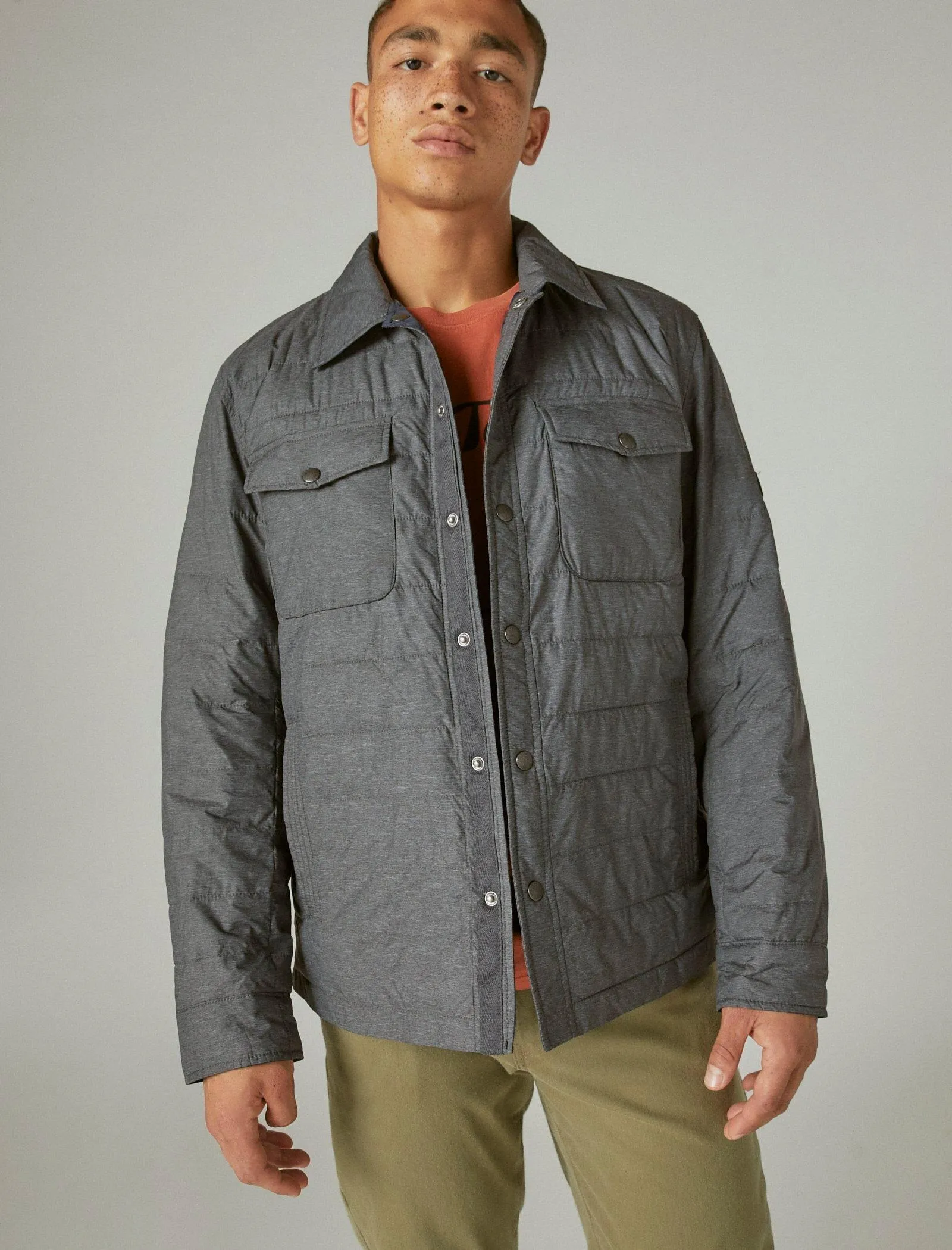 Lucky Brand Nylon Reversible Puffer Shirt Jacket Navy Charcoal Multi Lucky Brand
