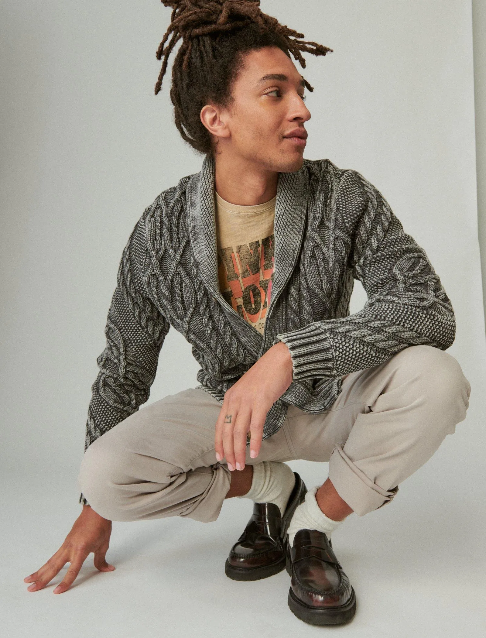 Lucky Brand Overdye Cable Cardigan Blackened Pearl Wash Lucky Brand