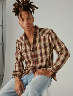 Lucky Brand Plaid Dobby Western Long Sleeve Shirt Brown Plaid Lucky Brand