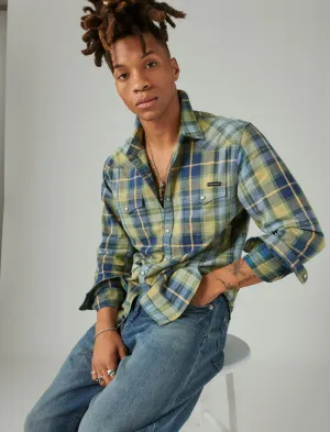 Lucky Brand Plaid Indigo Long Sleeve Western Shirt Indigo Plaid Lucky Brand