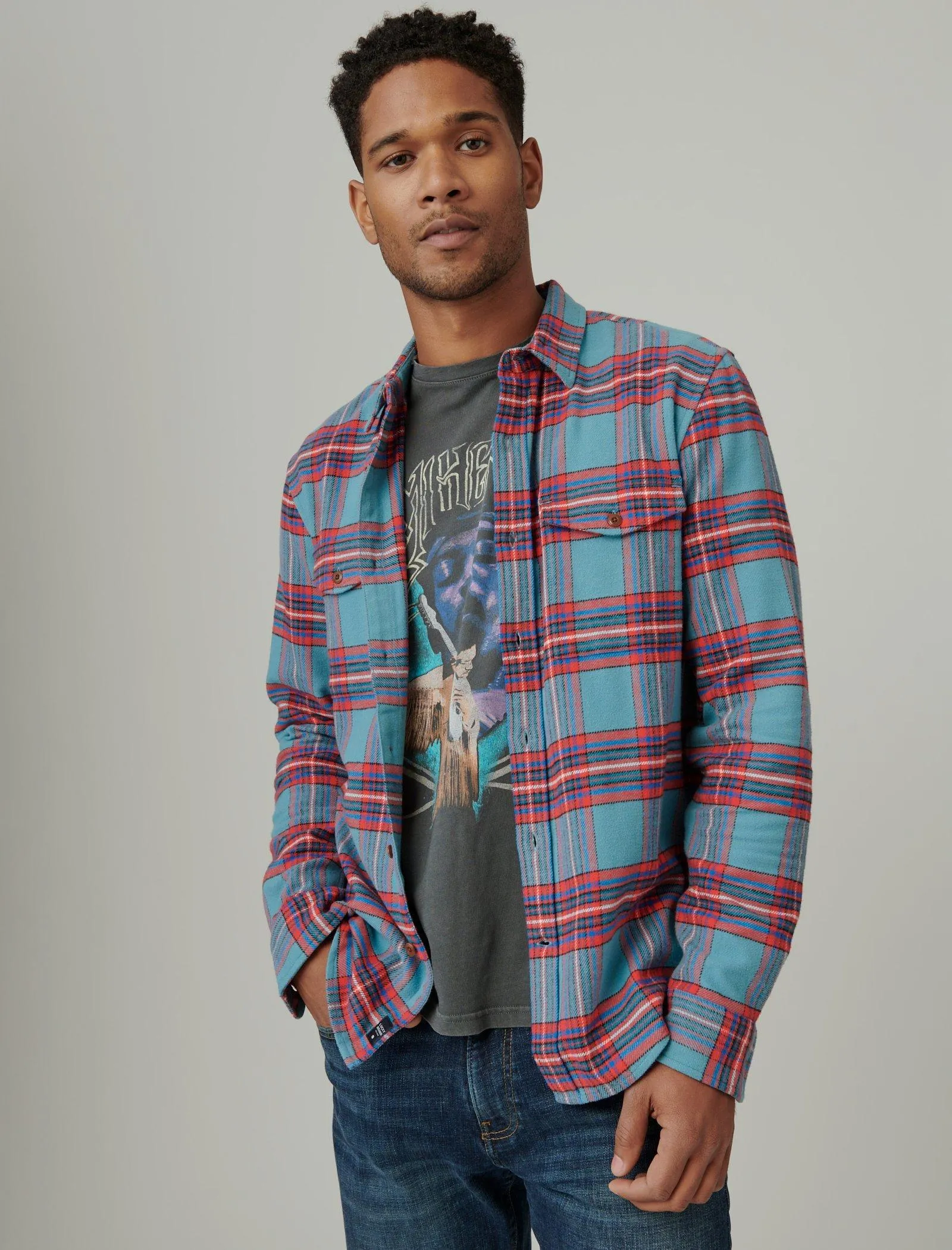 Lucky Brand Plaid Utility Cloud Soft Long Sleeve Flannel Blue Plaid Lucky Brand