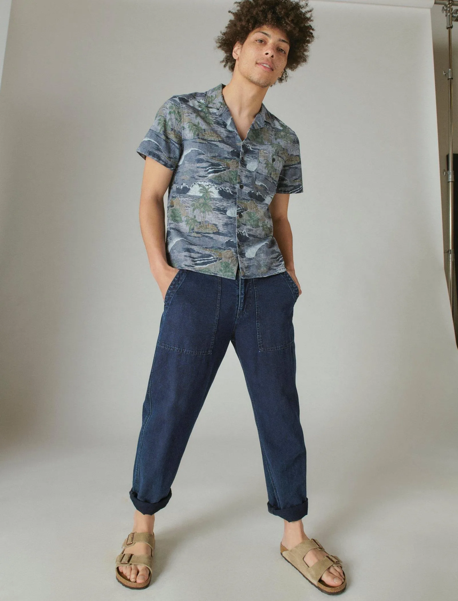 Lucky Brand Printed Linen Camp Collar Short Sleeve Shirt Chambray Print Lucky Brand