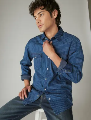 Lucky Brand Railroad Stripe Western Long Sleeve Shirt Blue Stripe Lucky Brand