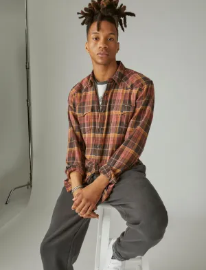 Lucky Brand Stretch Grom Plaid Western Long Sleeve Shirt Brown/Red Lucky Brand