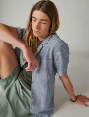 Lucky Brand Stripe Linen Short Sleeve Camp Collar Shirt Blue Stripe Lucky Brand