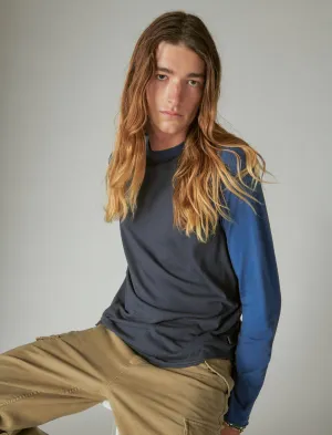 Lucky Brand Venice Burnout Long Sleeve Color Block Crew Neck Blue Multi Lucky Brand