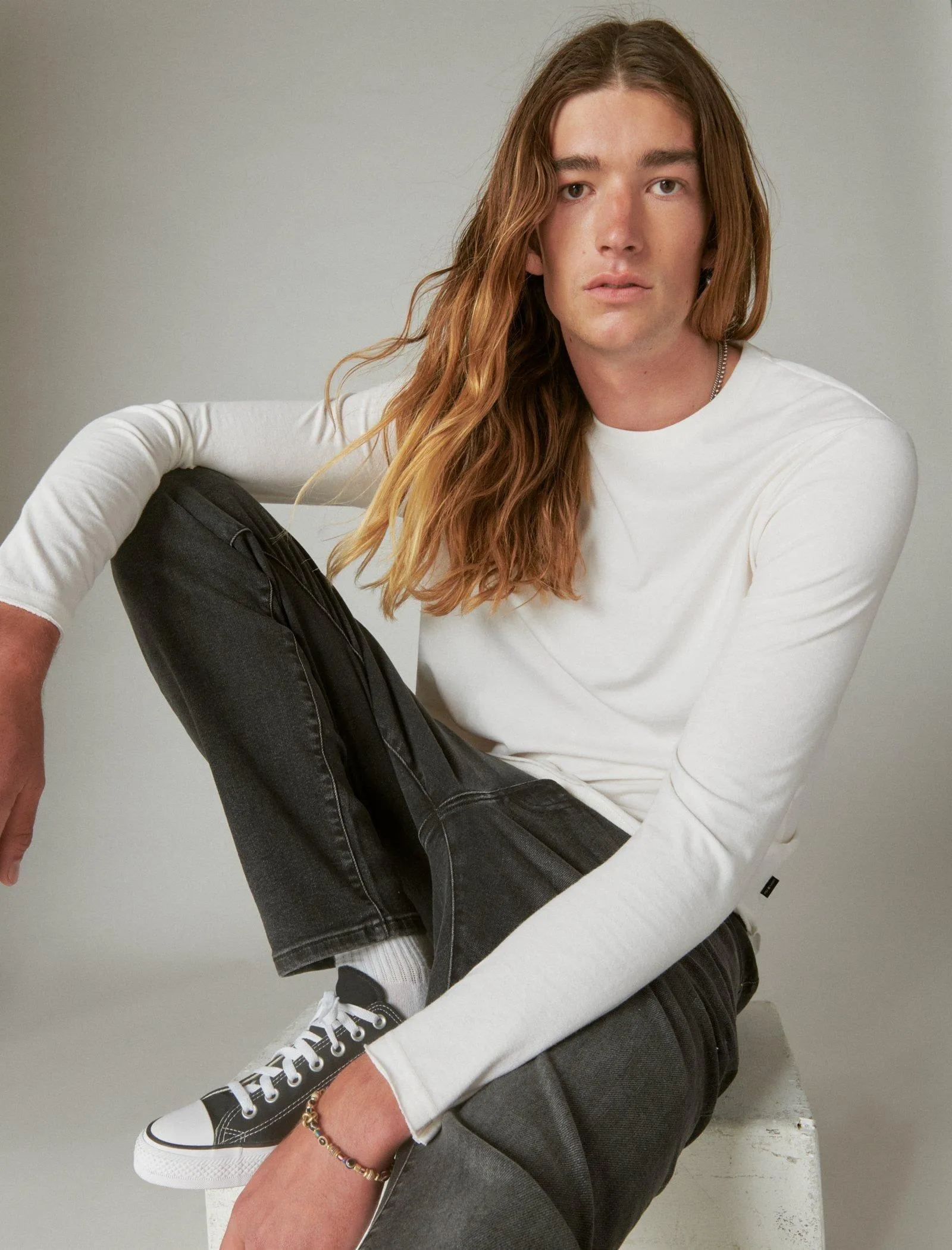 Lucky Brand Venice Burnout Long Sleeve Crew Neck Marshmallow Lucky Brand