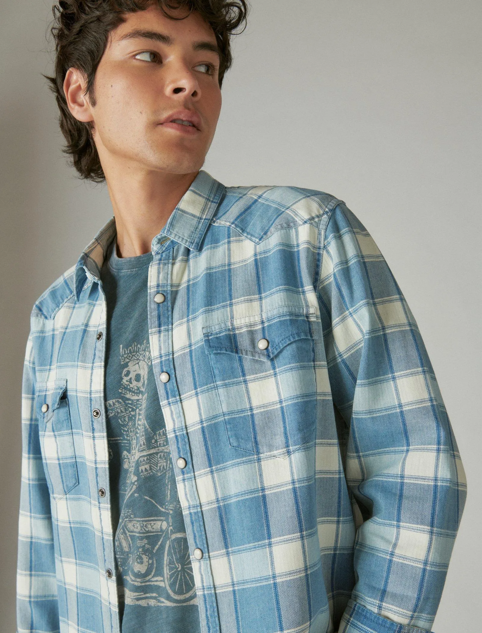 Lucky Brand Western Long Sleeve Shirt Indigo Plaid Lucky Brand