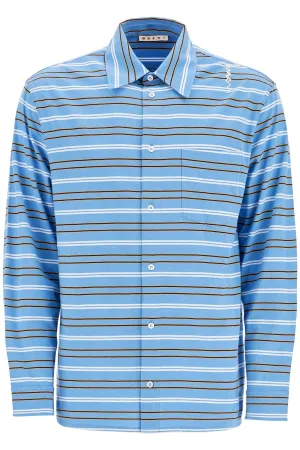 Marni Men's blue Cotton Turtleneck Polo With Horizontal Stripes