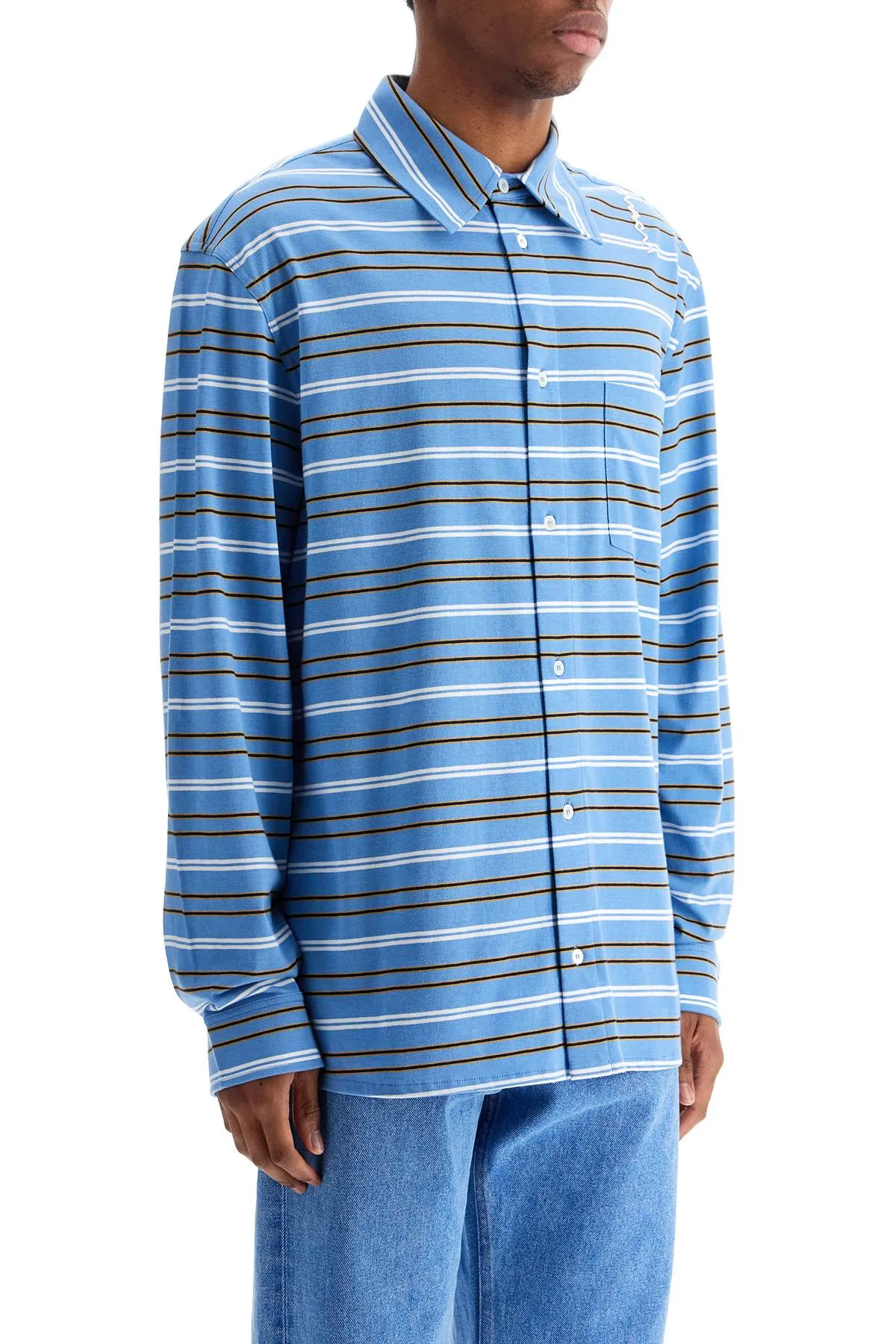 Marni Men's blue Cotton Turtleneck Polo With Horizontal Stripes
