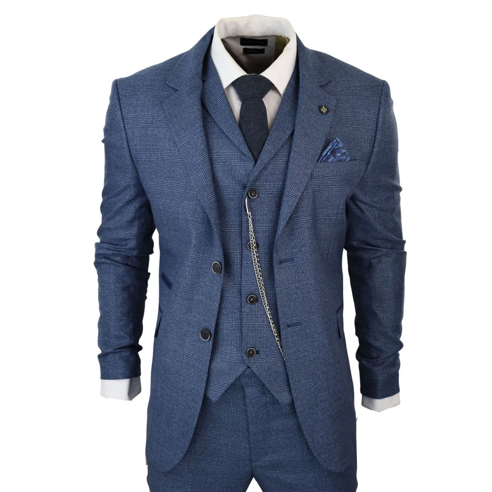 Men's 3 Piece Blue Prince Of Wales Check Suit