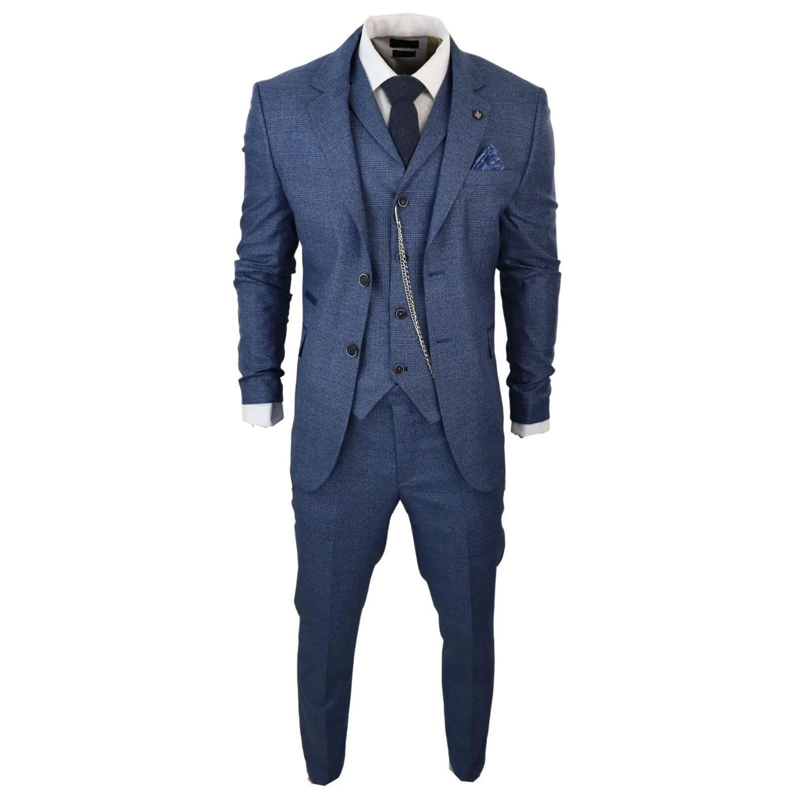 Men's 3 Piece Blue Prince Of Wales Check Suit