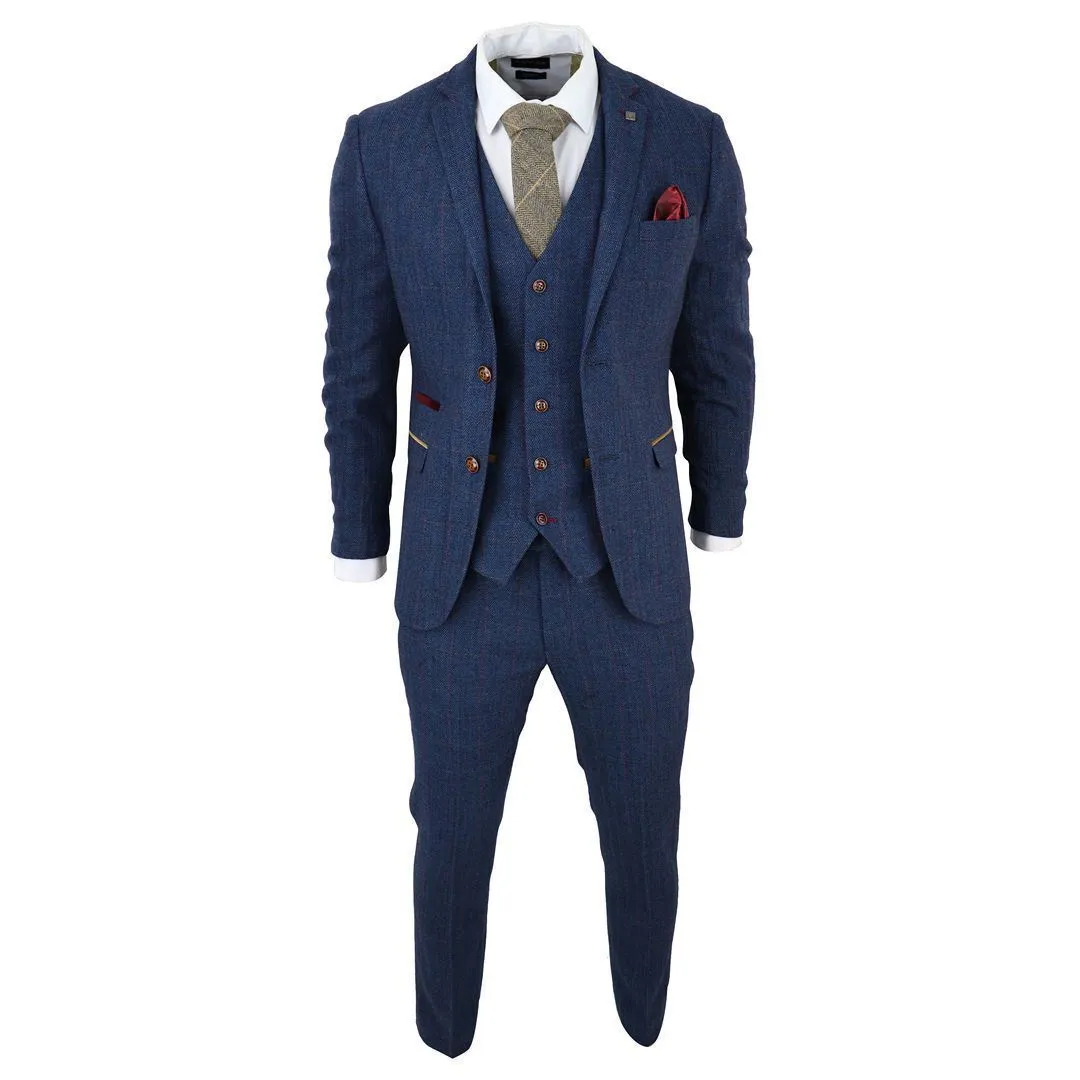 Mens Blue Tweed Check 3-Piece Suit