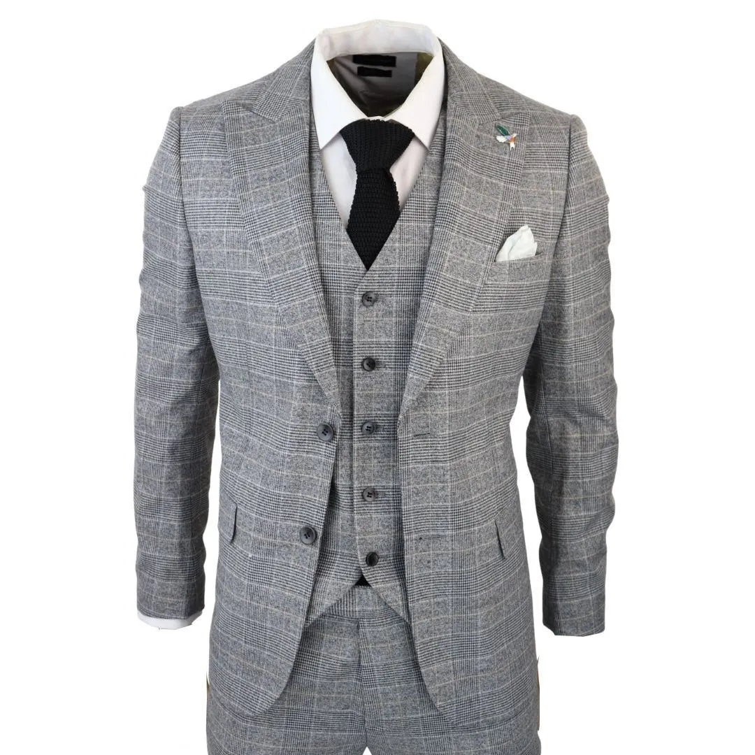 Men's Check Grey 3 Piece Prince Of Wales Suit
