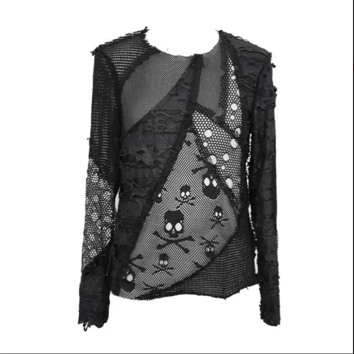 Men's Punk Skull Ripped Long Sleeved Tops