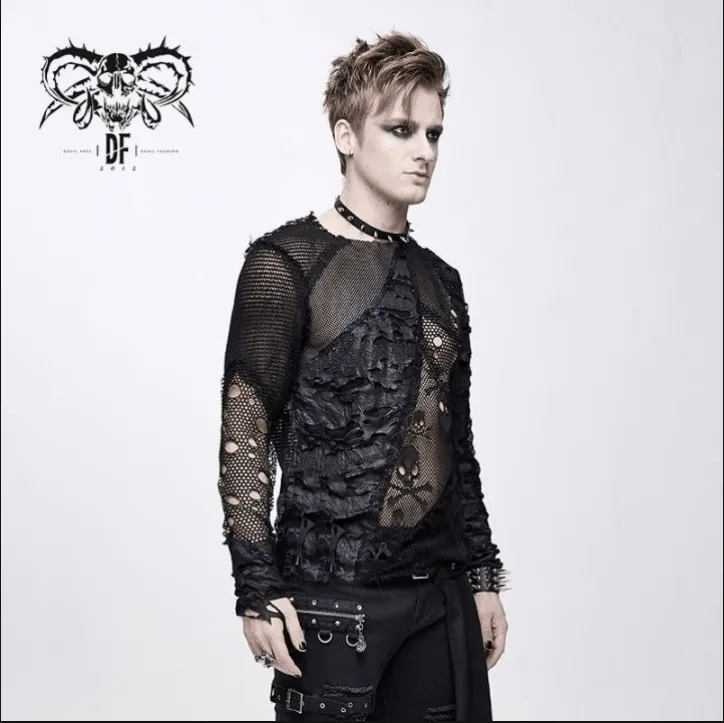 Men's Punk Skull Ripped Long Sleeved Tops