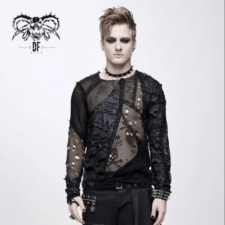 Men's Punk Skull Ripped Long Sleeved Tops