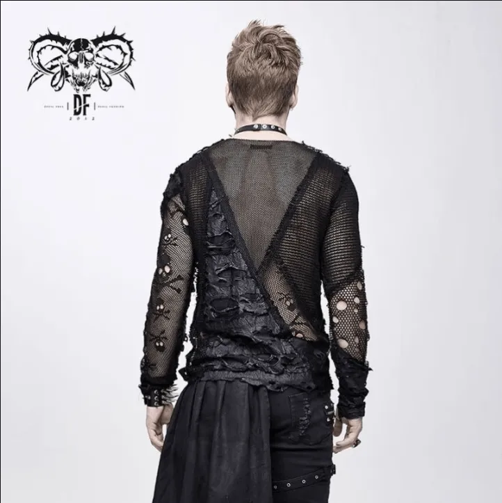 Men's Punk Skull Ripped Long Sleeved Tops