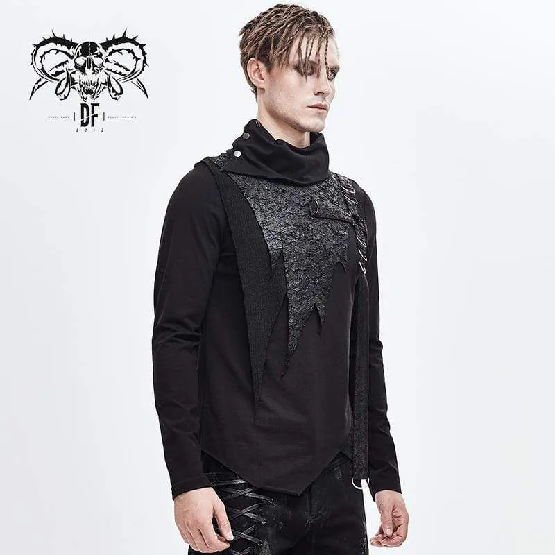 Men's Turtle Neck Faux Leather Applique Belt Tops