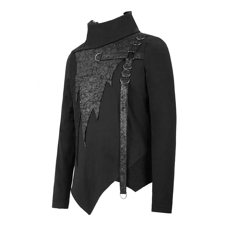 Men's Turtle Neck Faux Leather Applique Belt Tops