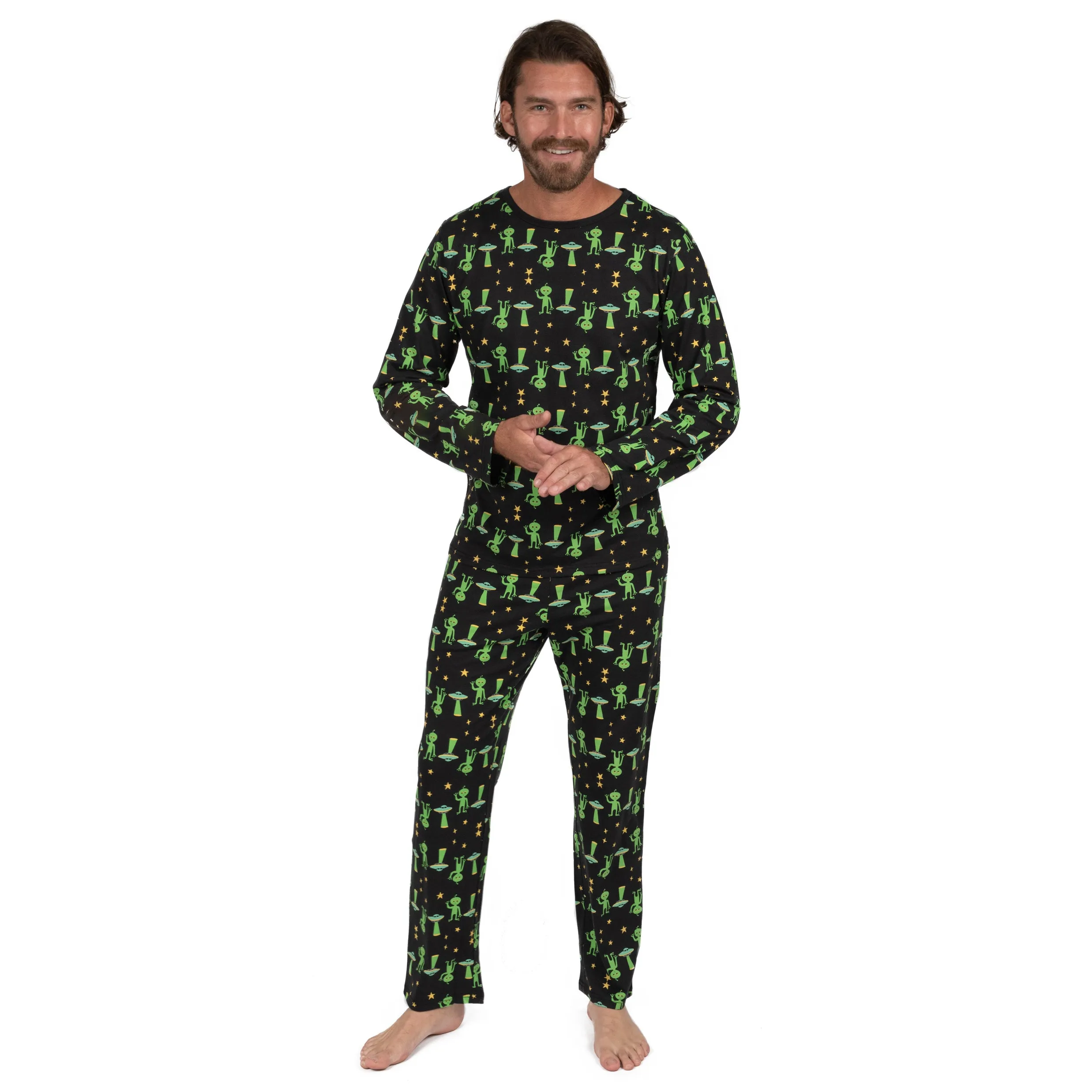 Mens Two Piece Cotton Loose Fit Pajamas Alien