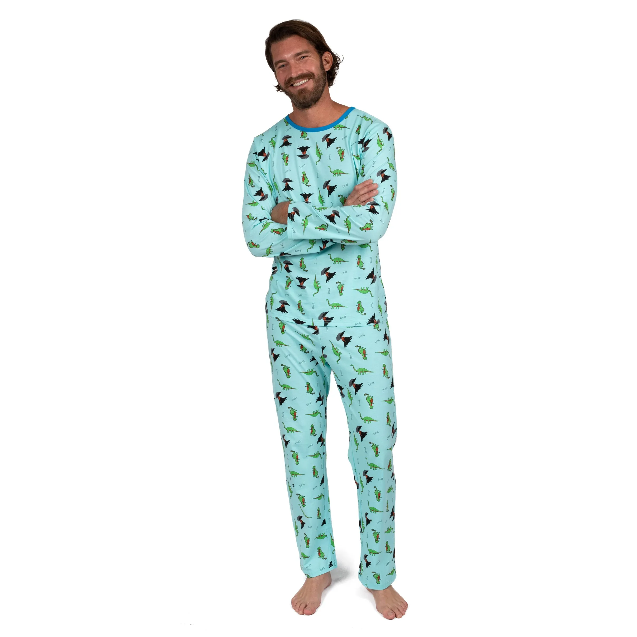 Mens Two Piece Cotton Loose Fit Pajamas Dinosaur Blue