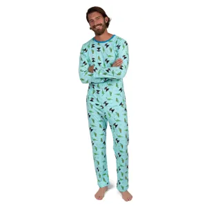 Mens Two Piece Cotton Loose Fit Pajamas Dinosaur Blue