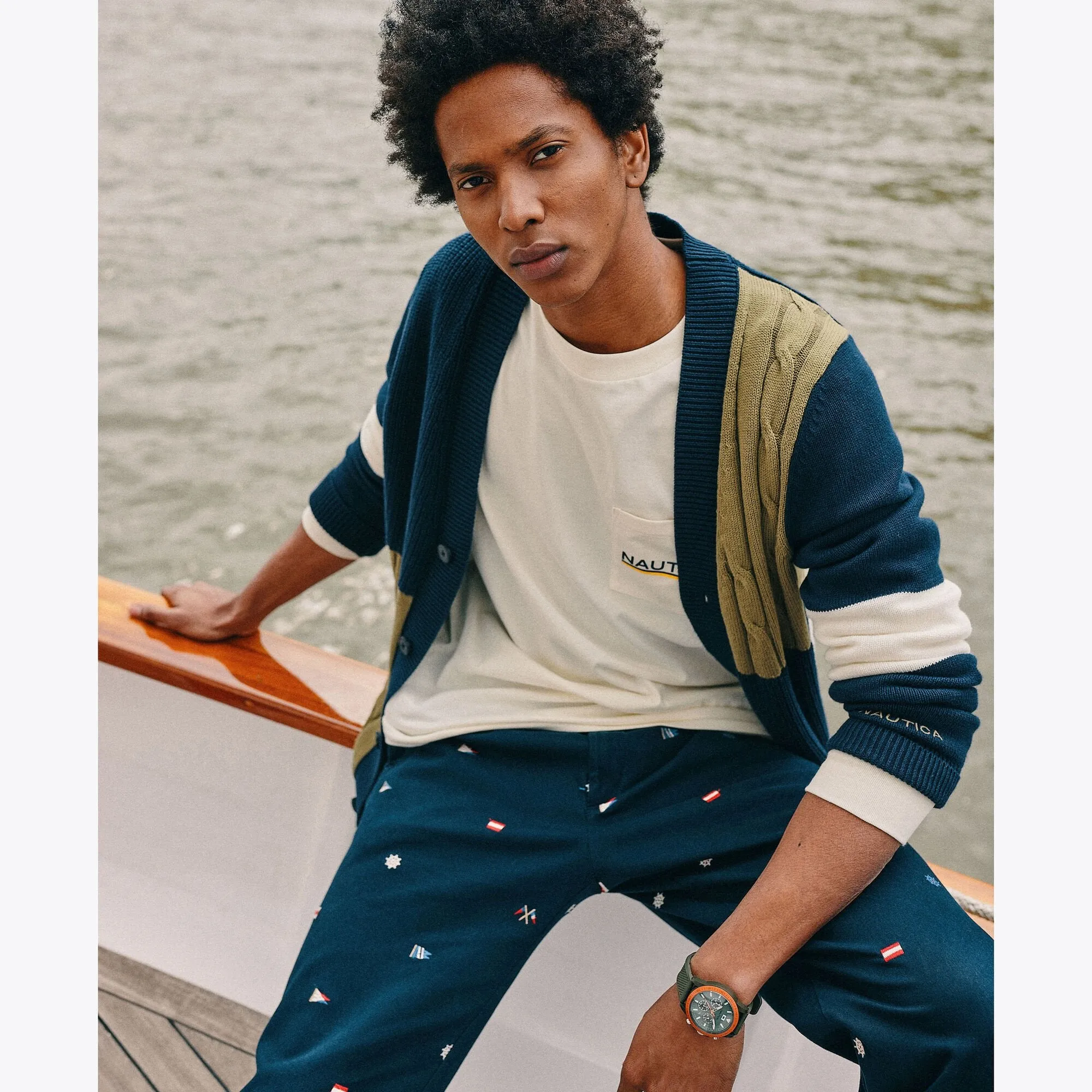 Nautica Men's 1983 Textured Colorblock Cardigan Stellar Blue Heather Nautica