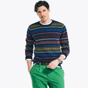 Nautica Men's Fair Isle Jacquard Crewneck Sweater Stellar Blue Heather Nautica